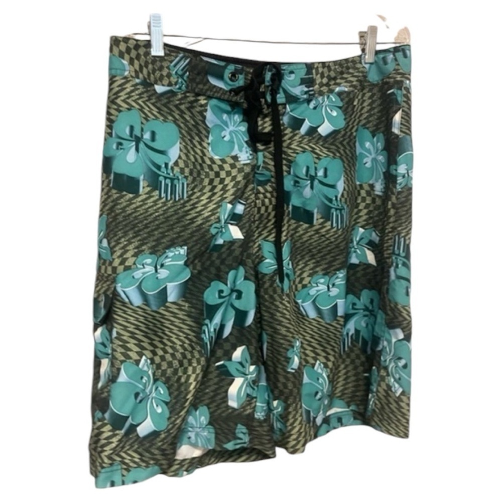 SIDEOUT Men’s Forest Green w/Blue HibiscusFlowers Velcro/Tie BoardShorts‎-Size34